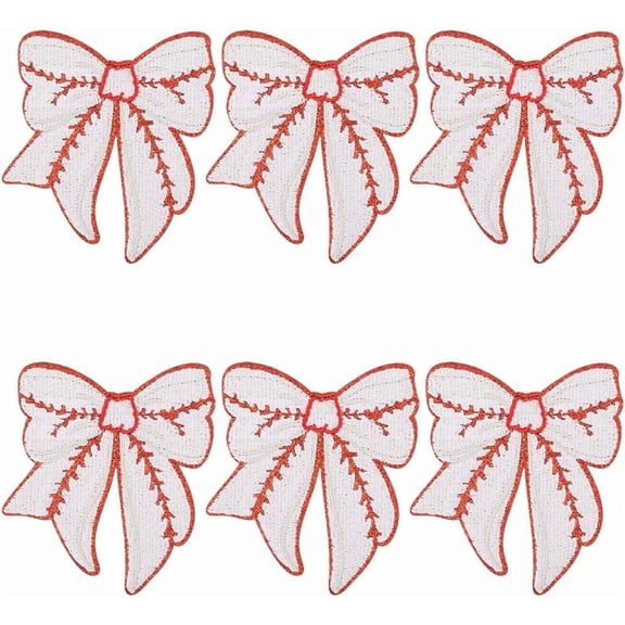 6Pcs White Patches Iron On with Red Baseball Pattern Embroidered Fabric Applique Sew On Bowknot Decorative Repair Patch