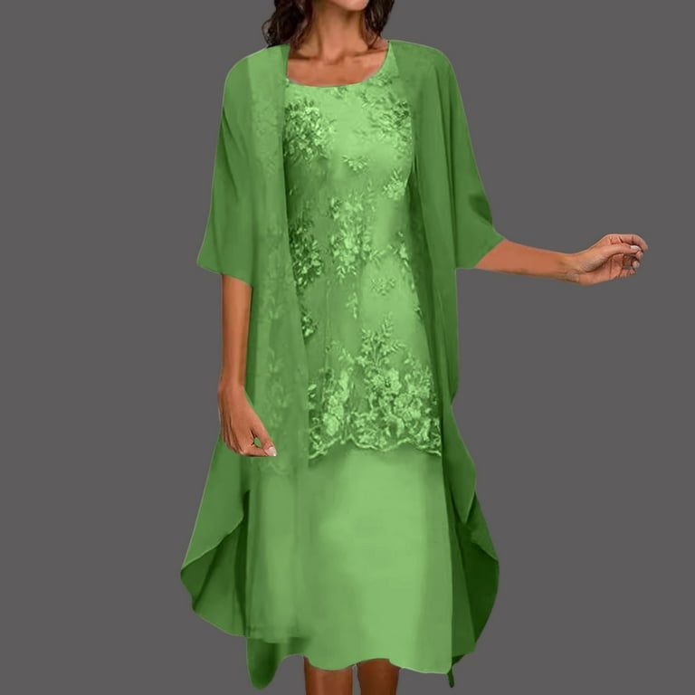 Gubotare 2 Piece Mother of the Bride Dresses Chiffon Lace Formal Wedding  Guest Dress Long Sleeved Cardigan Layered Ruffles A Line Midi Dresses  Cocktail Party Matching Set,Green XXL - Walmart.com