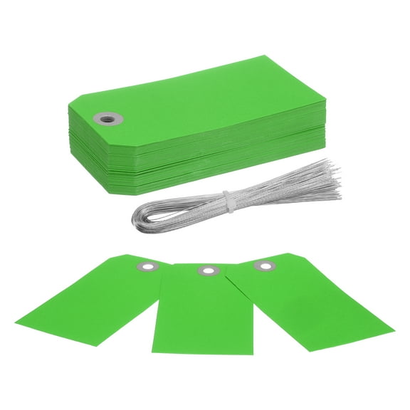 Uxcell 100Pcs Hang Tags, Tags with Wire String Paper Blank Labeling Tags Writable Making Tags for Luggage Clothes Wine Bottle(4.76" x 2.36", Green)