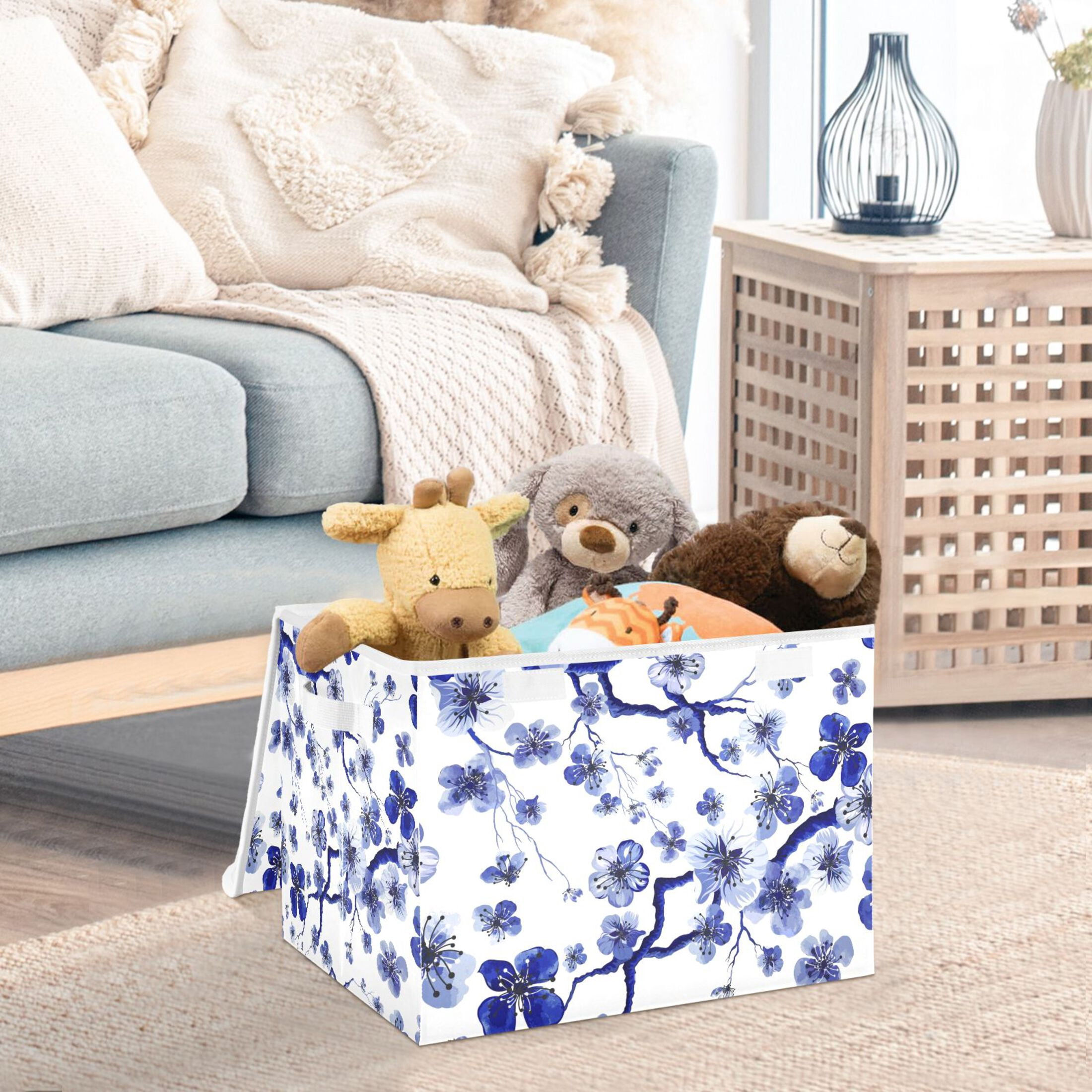 Flowes Floral Blue Large Lidded Storage Bin Foldable Storage Boxes Cubes Baskets Lids with 2 Handles for Home Bedroom Office 16.5x12.6x11.8inch