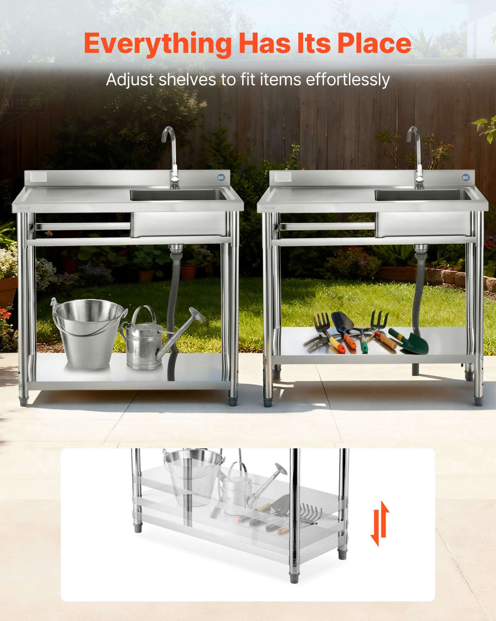 VEVOR Stainless Steel Utility Sink, Free Standing Single Bowl Commercial Kitchen Sink with Faucet, 39.4 x 19.7 x 37 in, Utility Left Basin with Hot & Cold Water Pipe for Garage, Restaurant, Laundry