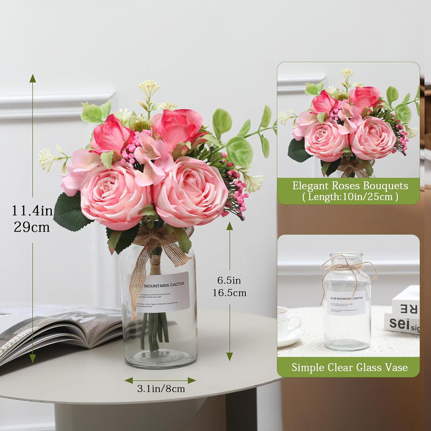 Roses Artificial Flowers in Vase,Realistic Floral Fake Roses Bouquet Silk Flower Arrangement with Vase Faux Roses with Stems for Table Centerpieces Home Office Kitchen Decor (Green)