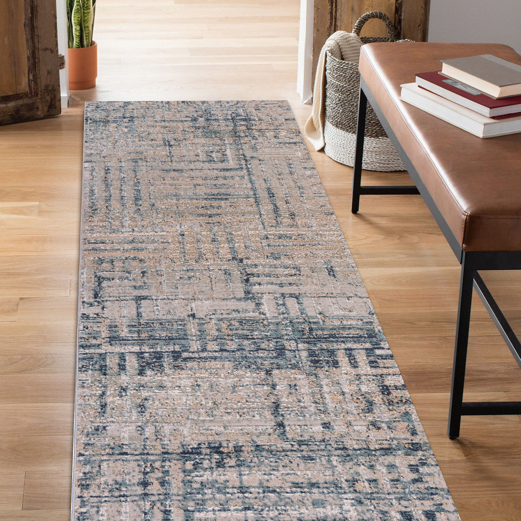 LR Home Imara Ehran Cream/Blue Transitional Geometric Polyester Runner Rug, 2'2" x 7'7"