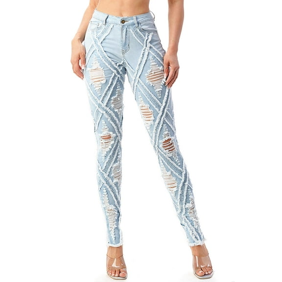 Purple Candy Womens Juniors Extreme Distressed Denim Skinnys (Small, Light Denim)