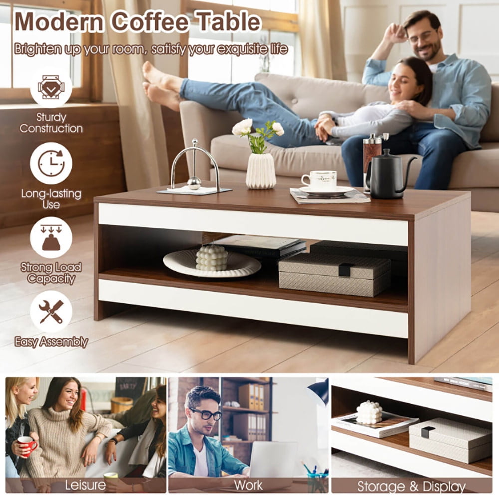 Finihen Coffee Table, Wooden Coffee Table, 37 Inch 2-Tier Rectangle Wooden Coffee Table with Storage Shelf, for Living Room, Reception Room, Office, Wulnat Finihen Coffee Table, Wooden Coffee Table, 37 Inch 2-Tier Rectangle Wooden Coffee Table with Storage Shelf, for Living Room, Reception Room, Office, Wulnat