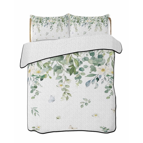 Quilts Full Size Bedding Set, Sage Green Eucalyptus Leaves Lightweight Quilted Comforter, Spring Floral Weeping Botanical Soft Bedspread Coverlet with Pillow Covers for All Season, 78" x 90"
