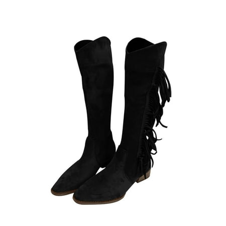 

hopeusnice Women s Suede Fringe Over The Knee Boots Knee High Boots Side Zipper Pointed Toe Fashion Fall Winter Boots Black 42