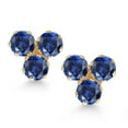 thumbnail image 2 of Gem Stone King 14K Yellow Gold Blue Created Sapphire Trio Three Stone Stud Earrings for Women (0.84 Cttw, Gemstone September Birthstone, Round 3MM), 2 of 4