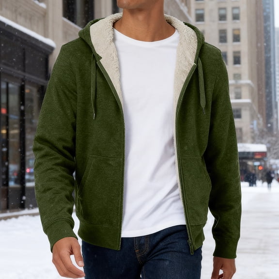 Domzest Men's Hoodies Solid Color Thermal Sherpa Lined Hooded Sweatshirts Relaxed Fit Full Zipper Drawstring Jackets Autumn Trendy Coat with Pockets Green M