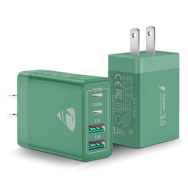 Cargador Aminu USB C de 40 W, enchufe de pared de 4 puertos, carga rápida, paquete de 2