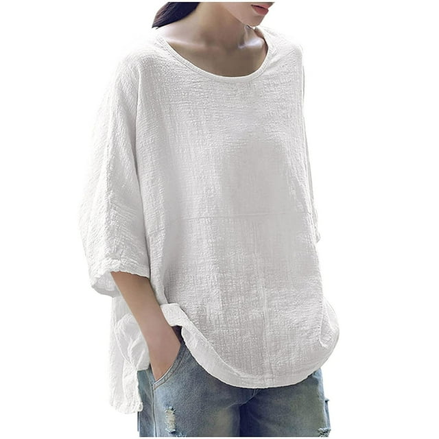 DPTALR Blouse T-shirt en Coton à Manches Trois-Quarts Col Rond Uni pour Femmes