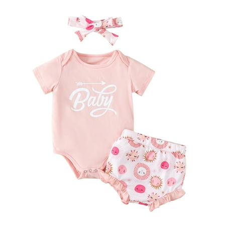 

LBECLEY Come Home To Supper Baby Boys Girls Clothes Summer Short Sleeve Letter Romper Tops Cartoon Ruffle Shorts Headband Outfits Set Organic Cotton Baby Dress Pink 80