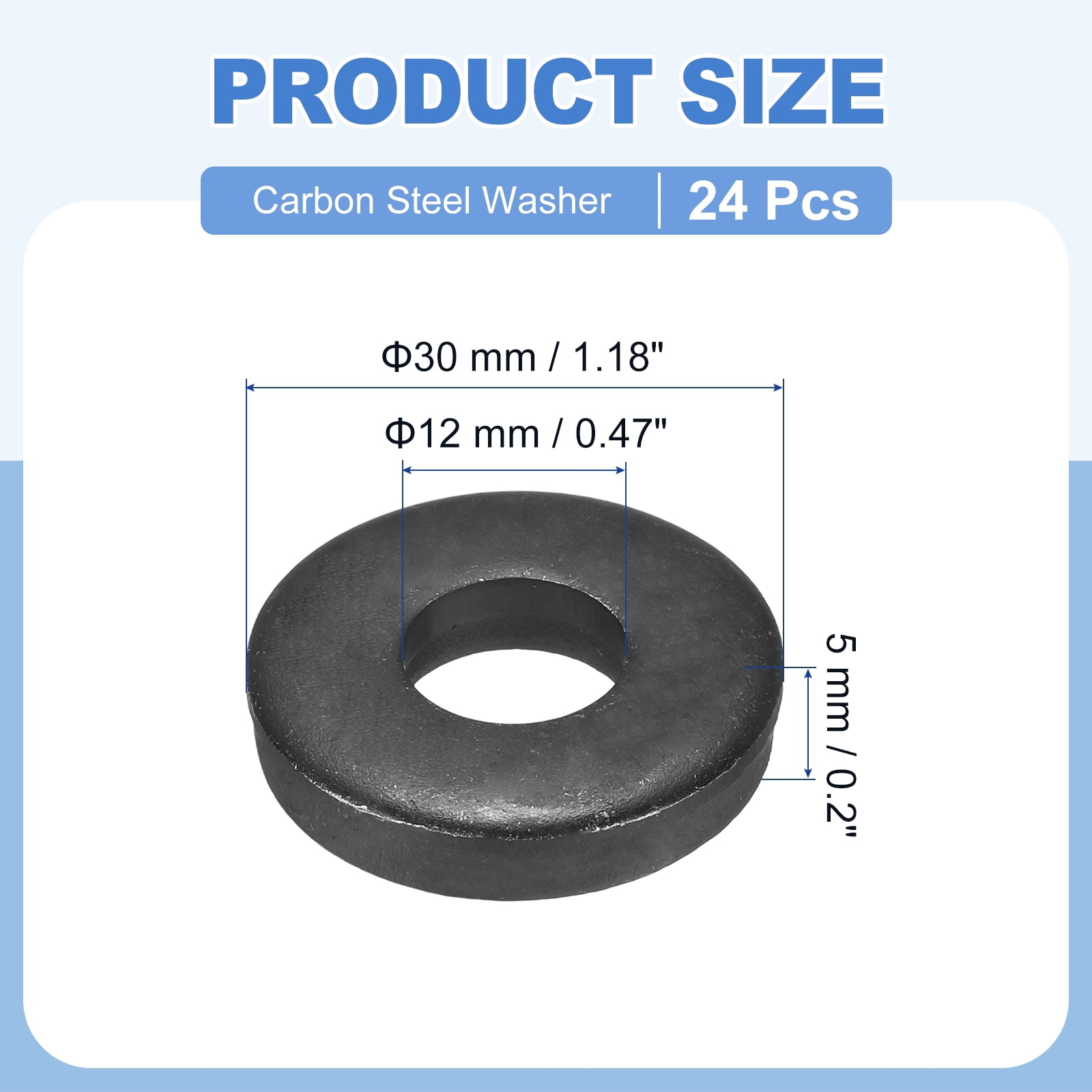Uxcell 24pcs 1/2" Black Flat Washer for M12 Screw, Steel Metal Washers 12mm ID 30mm OD 6mm l for Industrial, Screws Bolts