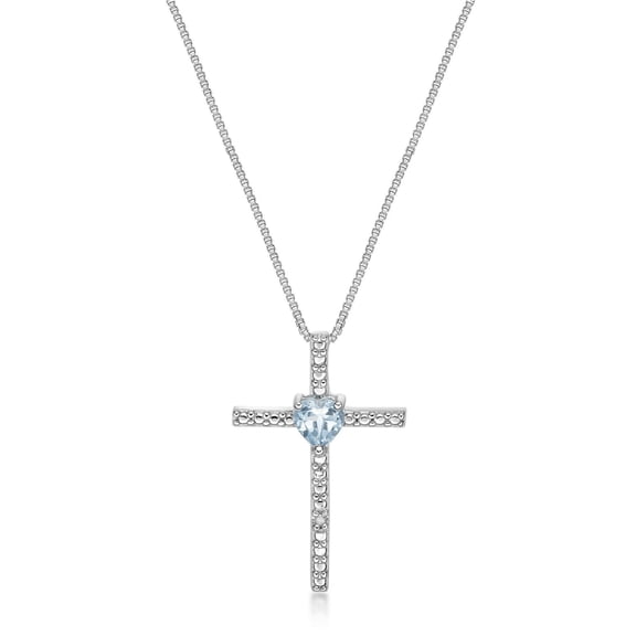 .15 Ct Heart Aquamarine Diamond Cross Pendant - Sterling Silver - 18” - Sky Blue