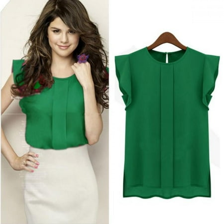 

Women T-shirt Chiffon Clothing Lady Shirt Sale Ruffle Short Sleeve Tops OL Camiseta Green S