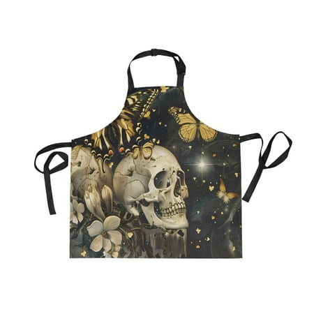 

JSTEL Butterflies Skull Vintage Apron with 2 Pockets for Women Men Adjustable Garden Bib