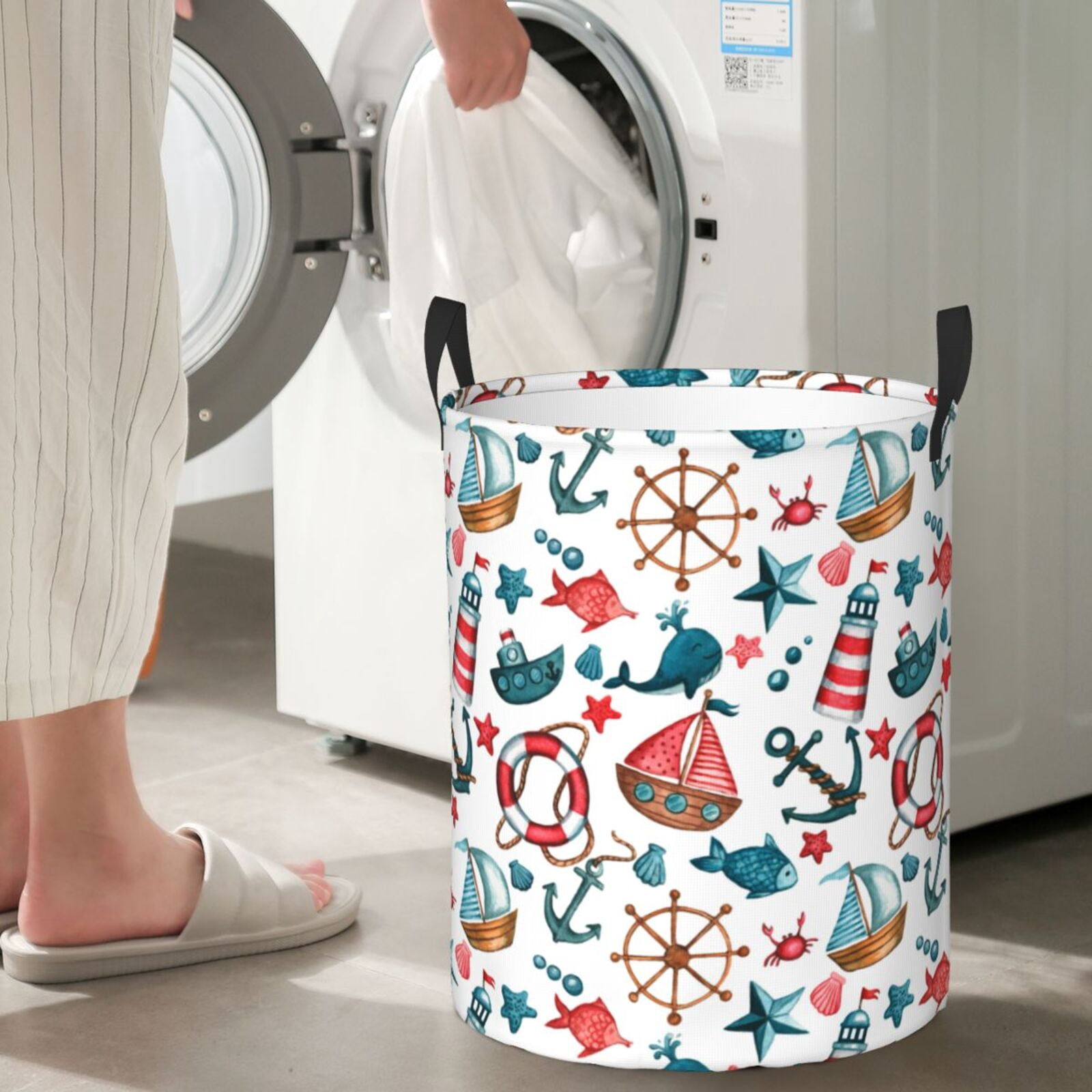 Large Laundry Basket with Handles - Watercolor Marine Kids Baby Dirty Clothes Laundry Hamper for Bedroom Aesthetic