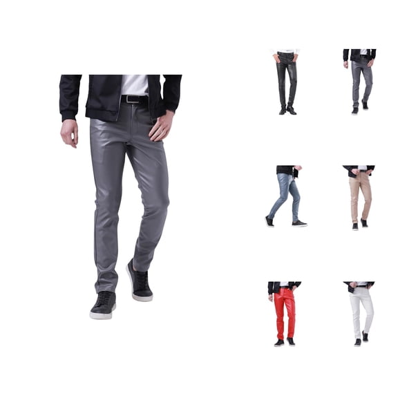 Leather Pants for Men Slim Fit Stretchy Motorcycle Pants with Pockets Casual Trousers