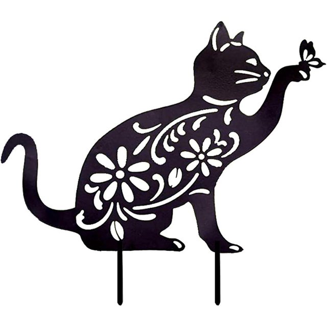Metal Cat Garden Statues Black Cat Silhouette with Butterfly Cat Decorative Garden Stakes Garden Outdoor Statues Animal Stakes for Garden Decor and Ga