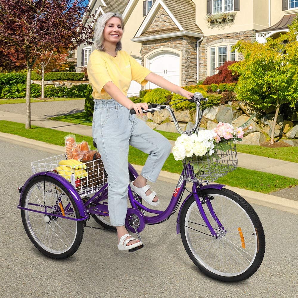 PEXMOR Adult Tricycle 7 Speed, 24/26 Inch 3 Wheel Bikes Tricycle for Adults, Adult Trike for Women/Men/Seniors, Three Wheel Cruiser Bike w/Folding Front & Rear Basket for Shopping/Recreation/Picnic
