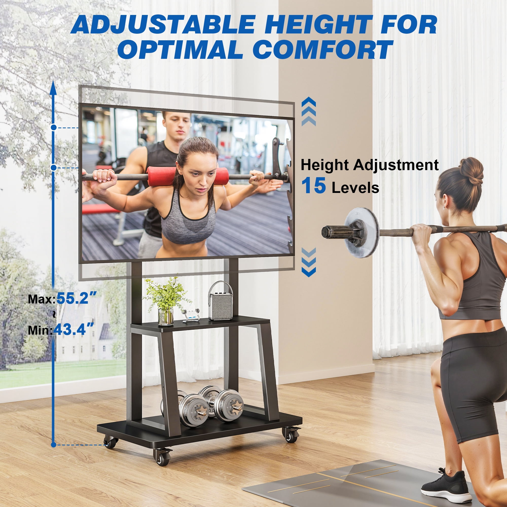 RTVR Rolling TV Stand with Wheels for 37-75 inch Screens, Portable Mobile TV Cart Height Adjustable Mount with Storage Shelves, Max 150 lbs, Black