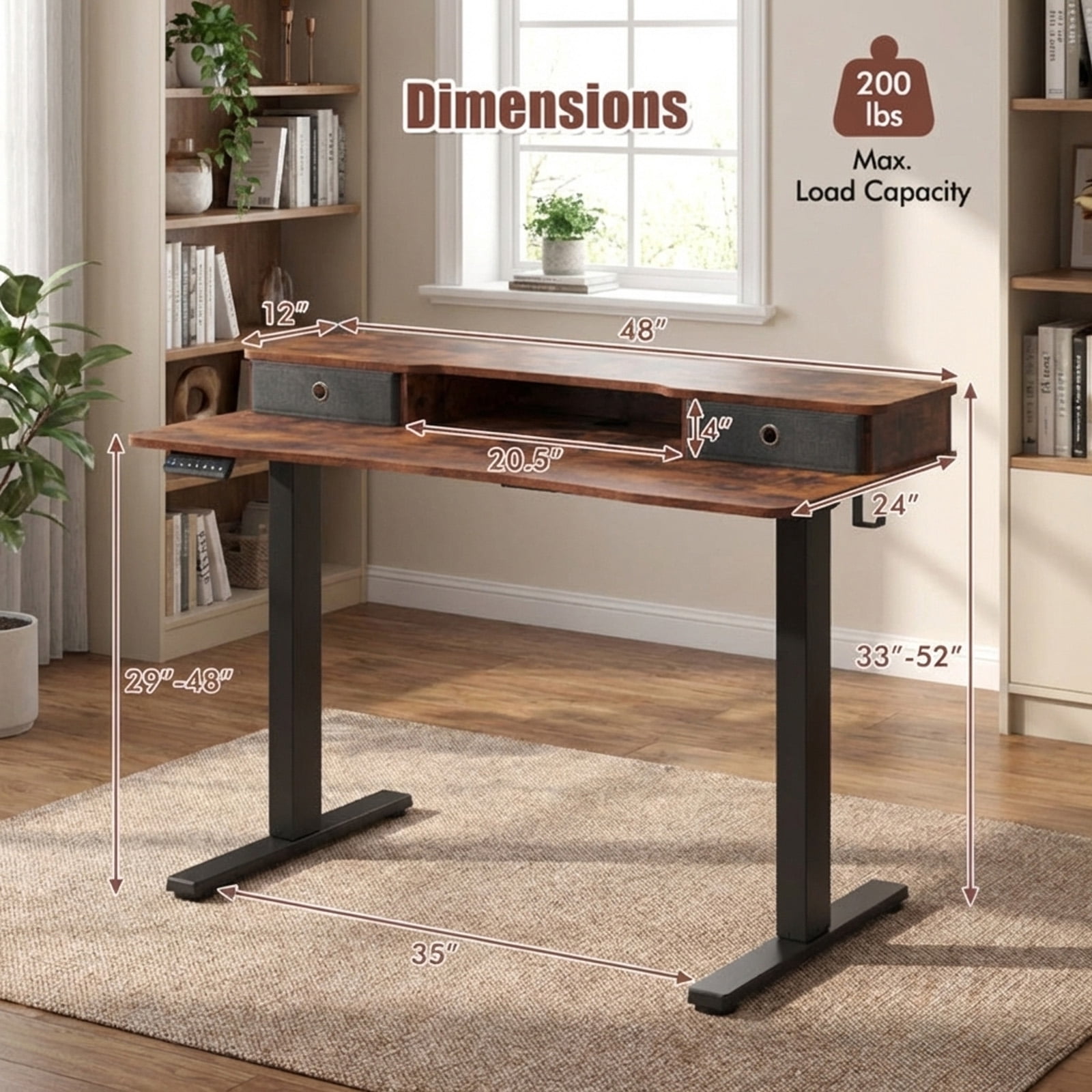 Furnibear 48 x 24 Inch Electric Height Adjustable Standing Desk with 2 Fabric Drawers Monitor Stand Memory Settings Rustic Brown