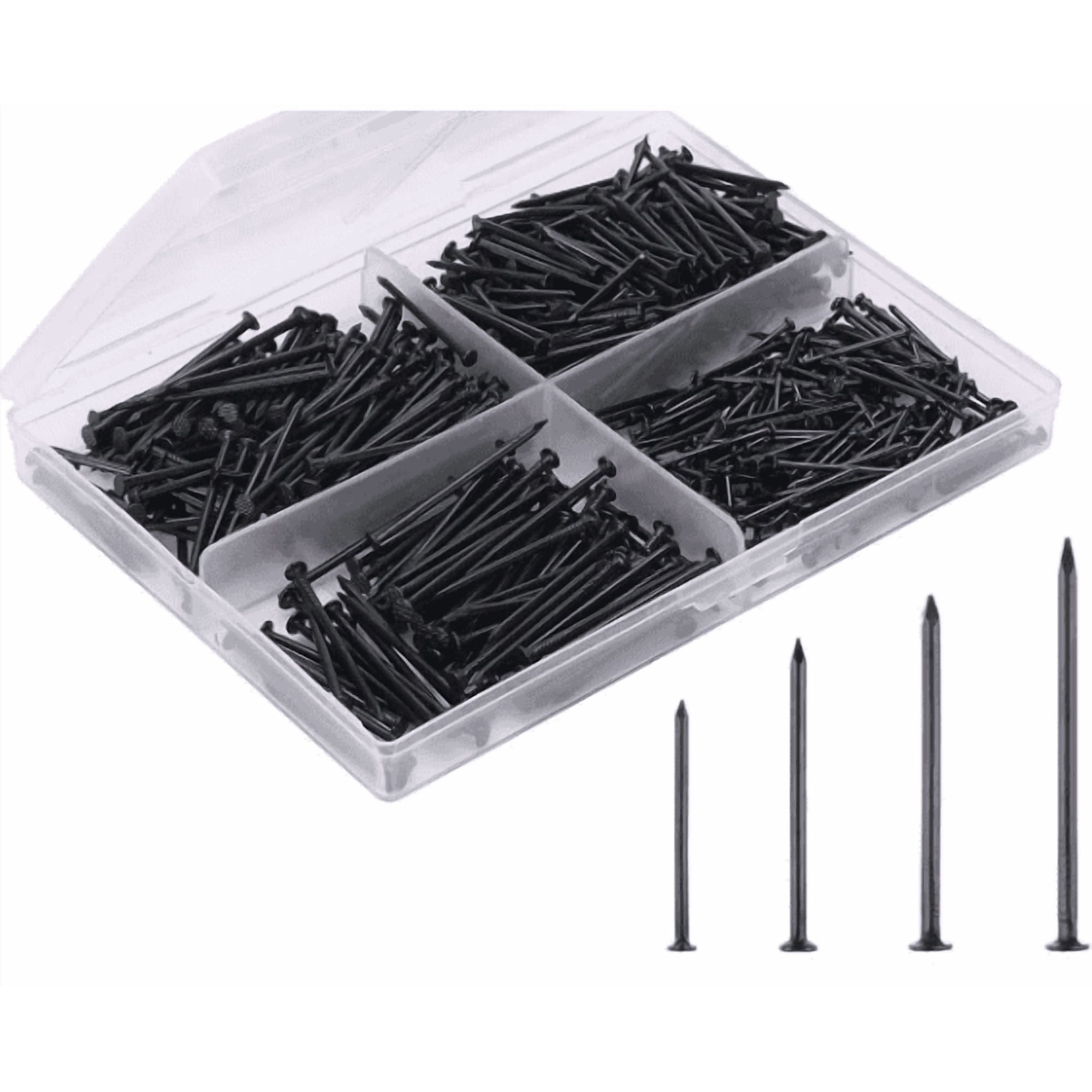 Venlox 200Pcs Picture Nails 20/25/30/38Mm Length Steel Nails for Use On Concrete Brick Wood Steel Nails for Picture Hanging Is Black Nail Box with 200