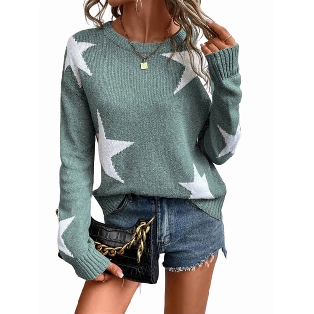 Suéter Informal de Punto con Cuello Redondo y Hombros Caídos con Estampado de Estrellas para Mujer Verde XL