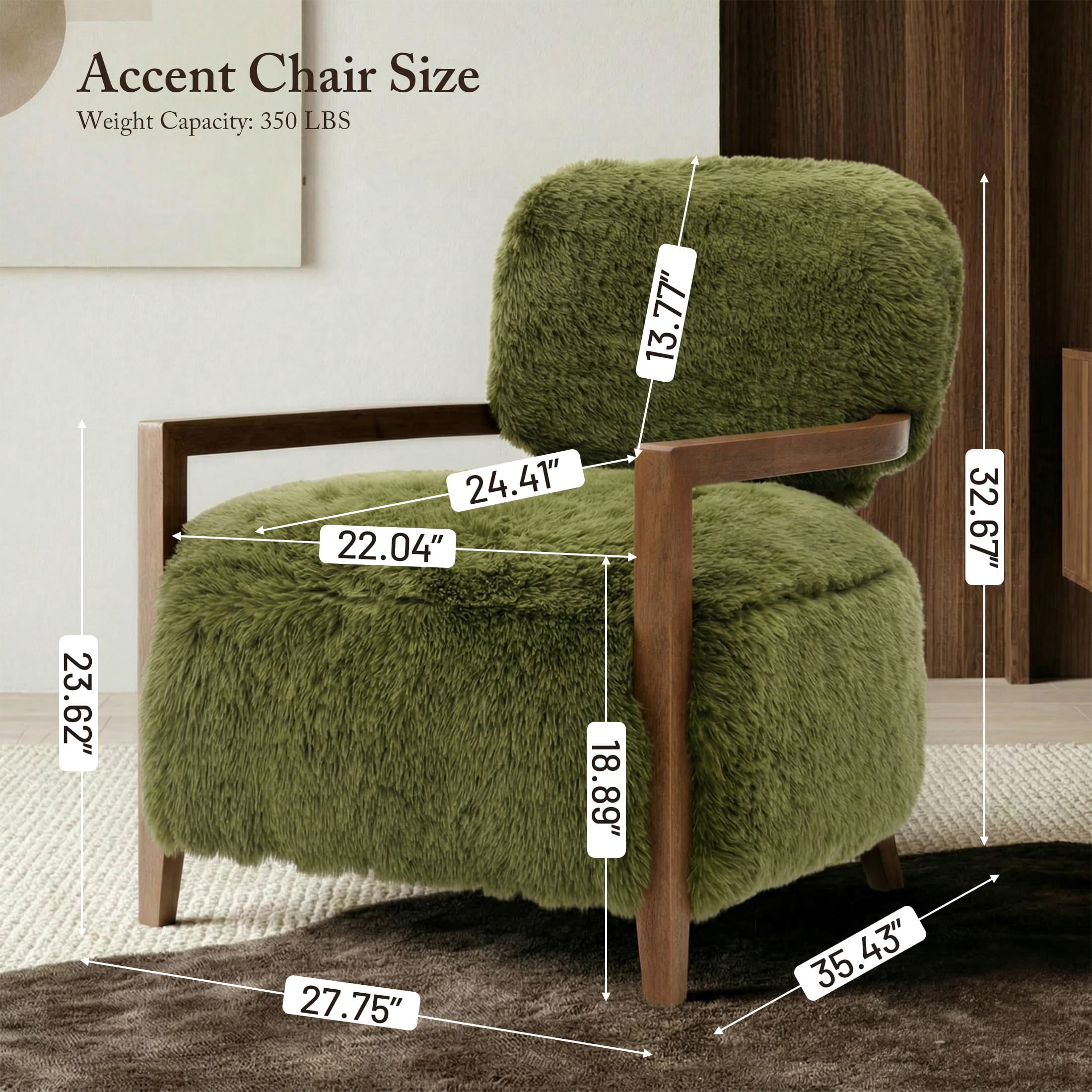 Aenkyo Yeti Contemporary Faux Fur Accent Chair with Walnut Wood Arms, Green