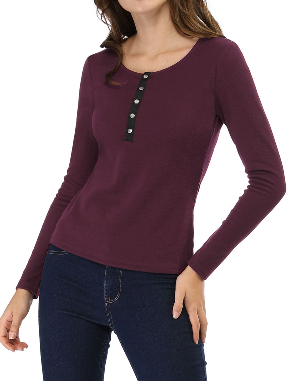 Unique Bargains - Women's Long Sleeve Knit Top Henley Neck Button Shirt ...