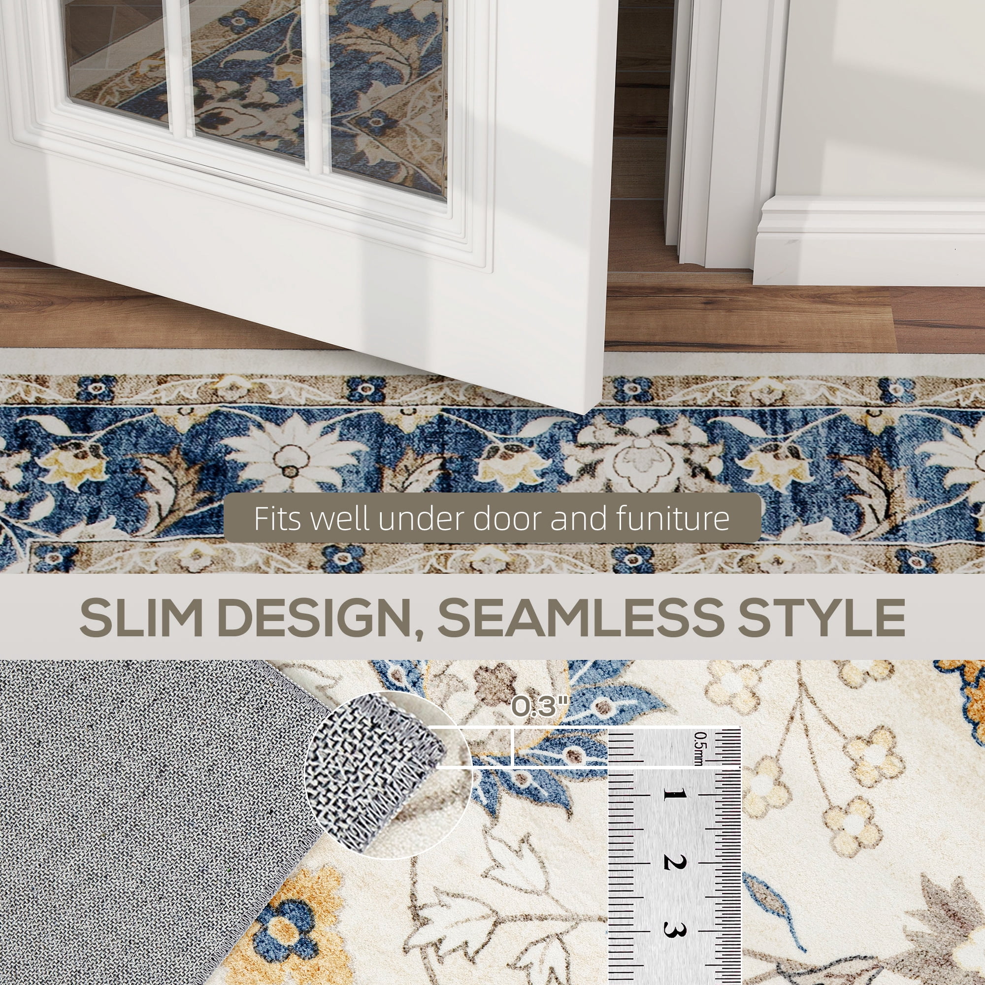 HOMCOM Machine Washable Area Rug 5x7, Non-Slip Boho Floral Print Floor Carpet for Living Room, Bedroom, Dining Room, Blue