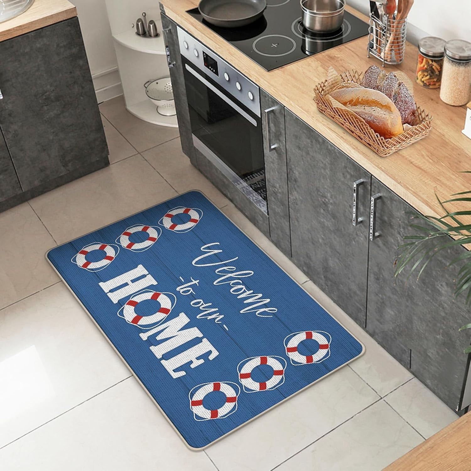 Nautical Welcome to Our Home Front Door Mat, Coastal Beach Lifebuoy Decorative Doormat Non-Slip Floor Entryway Rug, Farmhouse Low Profile Indoor Outdoor Home Kitchen Decoration 17x29 Inches