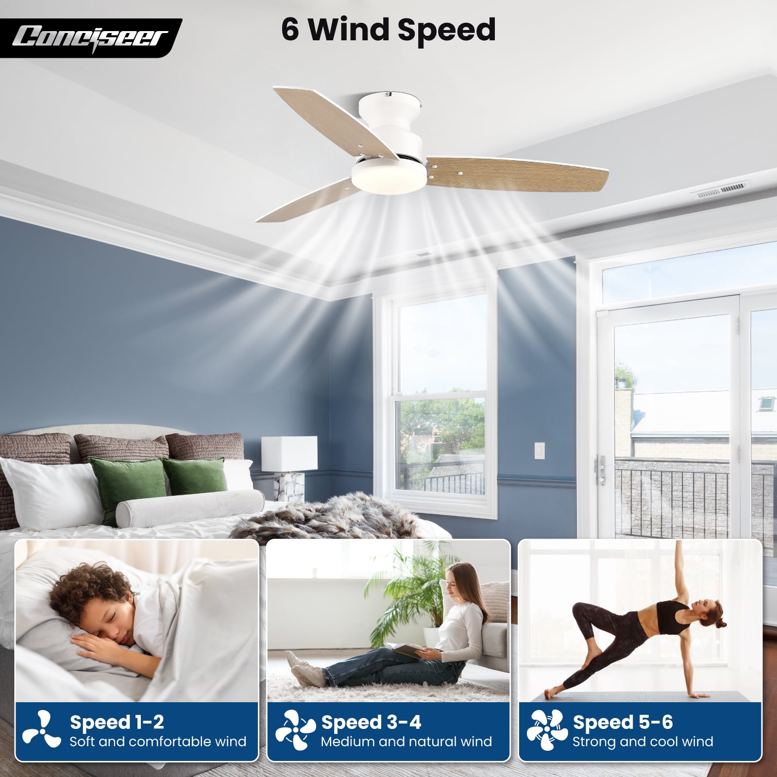 Conciseer 42 Inch Ceiling Fan with Light and Remote, Bedroom Living Room Office Outdoor, Flush Mount, 6CCT Dimmable, 3 Blades 6 Speed Reversible Quiet DC Motor, White/Wood Gr