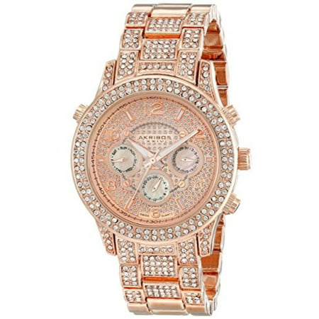 akribos xxiv women's ak776rg crystal encrusted swiss quartz movement watch with rose gold dial and