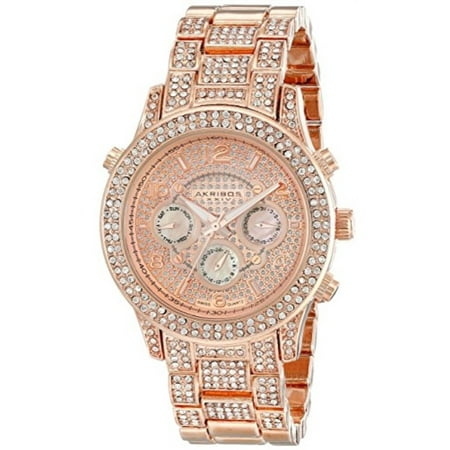 akribos xxiv women's ak776rg crystal encrusted swiss quartz movement watch with rose gold dial and bracelet