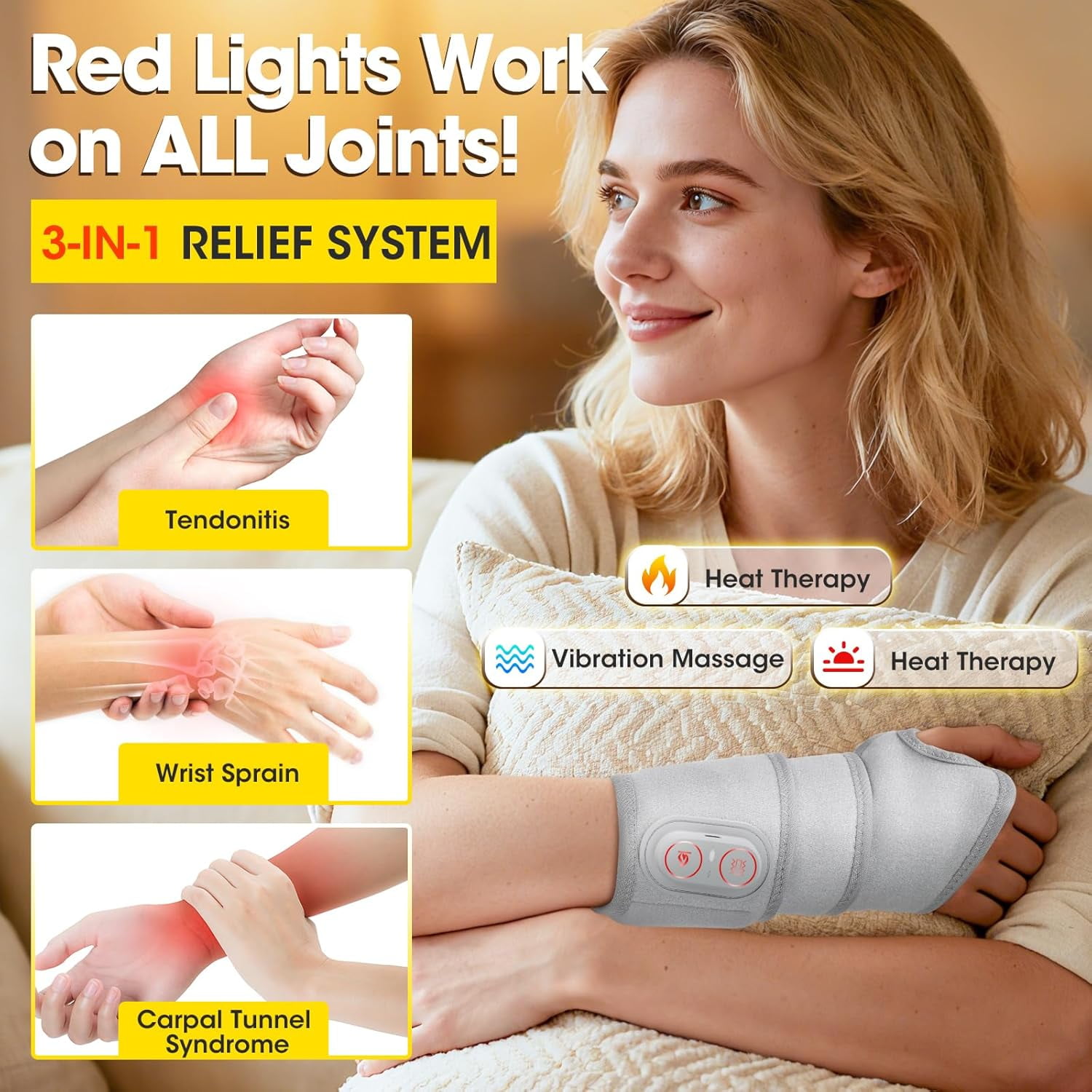 Cordless Wrist Heating Pad for Relief, Heated Wrist Brace for Carpal Tunnel, 3000mAh Heated Wrist Massager Wrap, Hand Massager with Heat and Compression for Woman Man