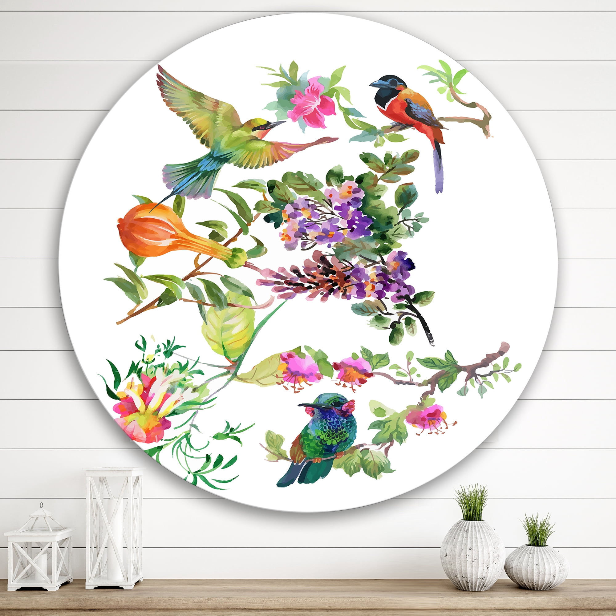Designart 'Colourful Birds and Tropical Flowers II' Traditional Circle Metal Wall Art 36x36 - Disc of 36