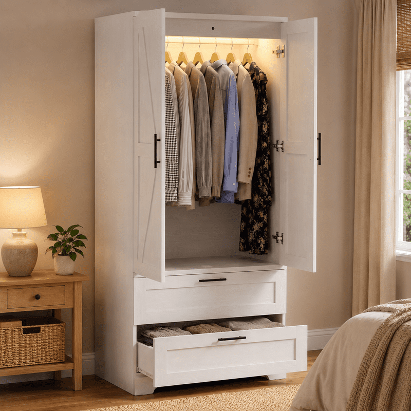 Lacoo White Wardrobe Armoire, 70.8 in, 2 Drawers, Motion-Sensor Light