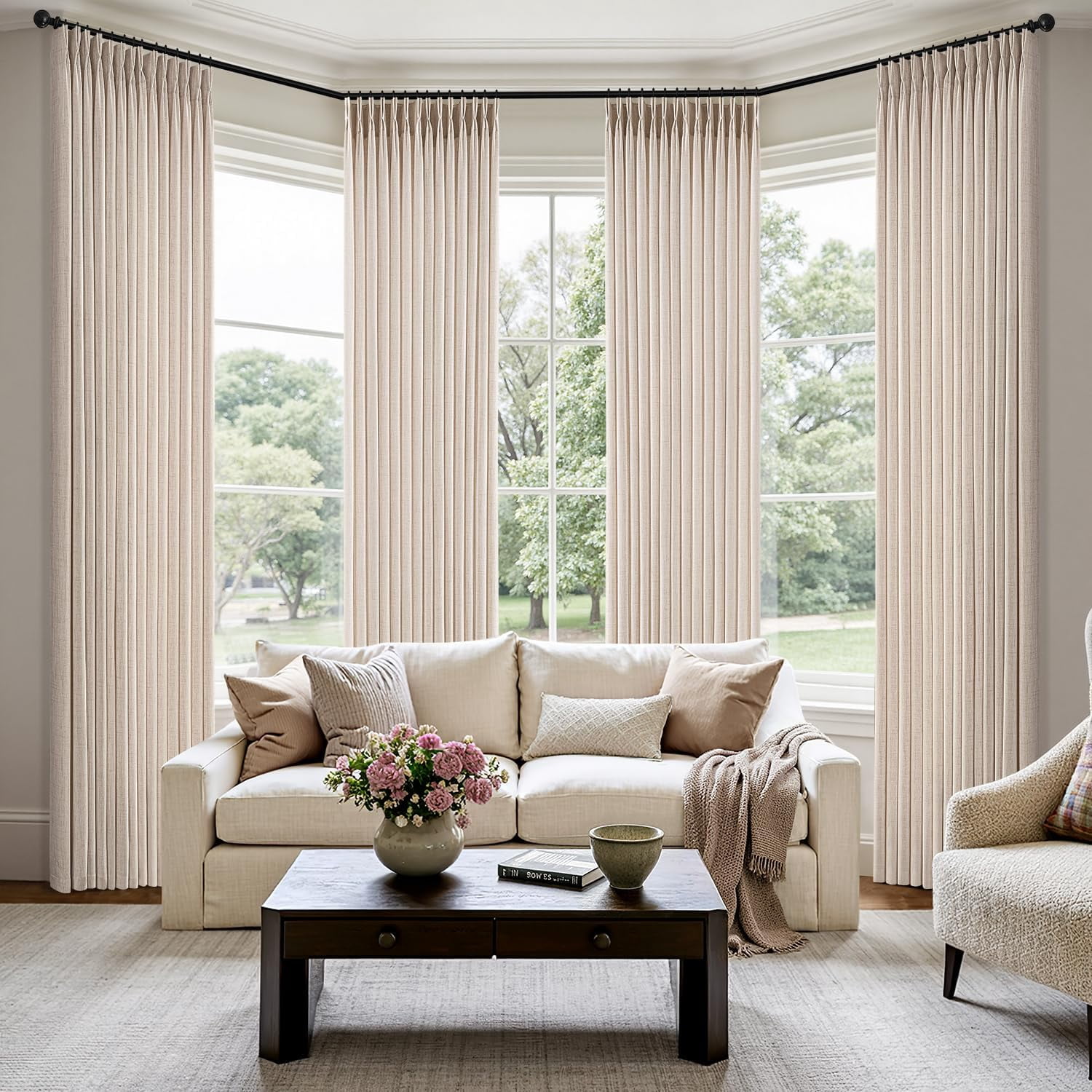 Pinch Pleated Thick Linen Curtains 90 Inch Long 4 Panels Set Back Tab Memory Trained Pinch Pleat Semi Sheer Light Filtering Privacy Curtains Let Light in Window Drapes for Living Room Bedroom