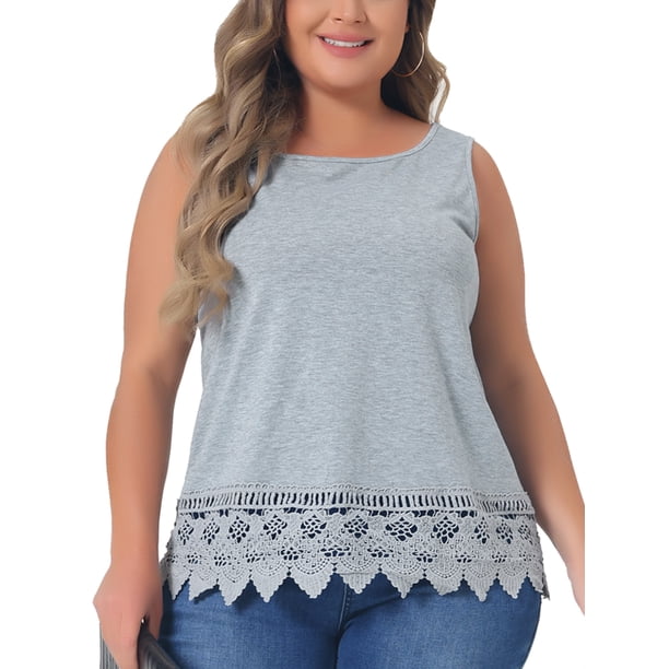GRACE & GRANDEUR Blusas de Tirantes de Talla Grande para Mujeres con Cuello Redondo, Estilo Flowy con Encaje 1X Gris