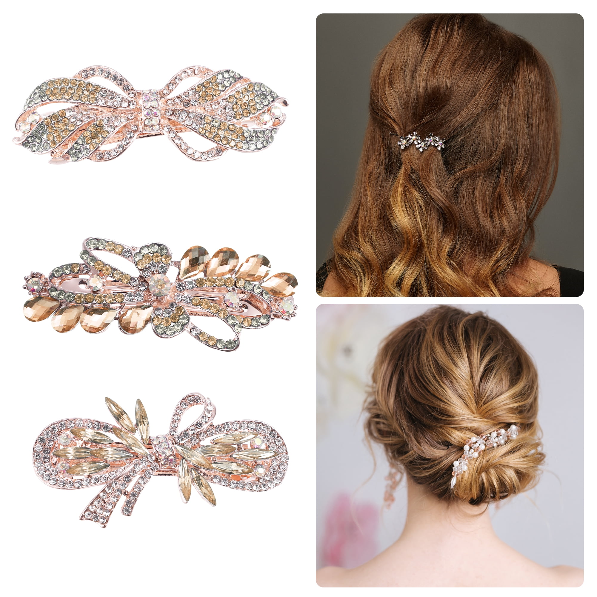 3 Pcs Hair Barrettes Hair Accessories for Women Sparkly Glitter Rhinestones Hair Clips Champagne