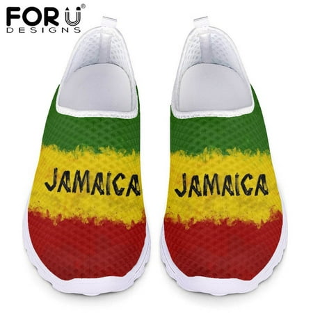 

FORUDESIGNS Woman Slip On Sneakers Air Mesh Flats Shoes for Ladies Jamaican Pattern Summer Breathable Lightweight Footwear