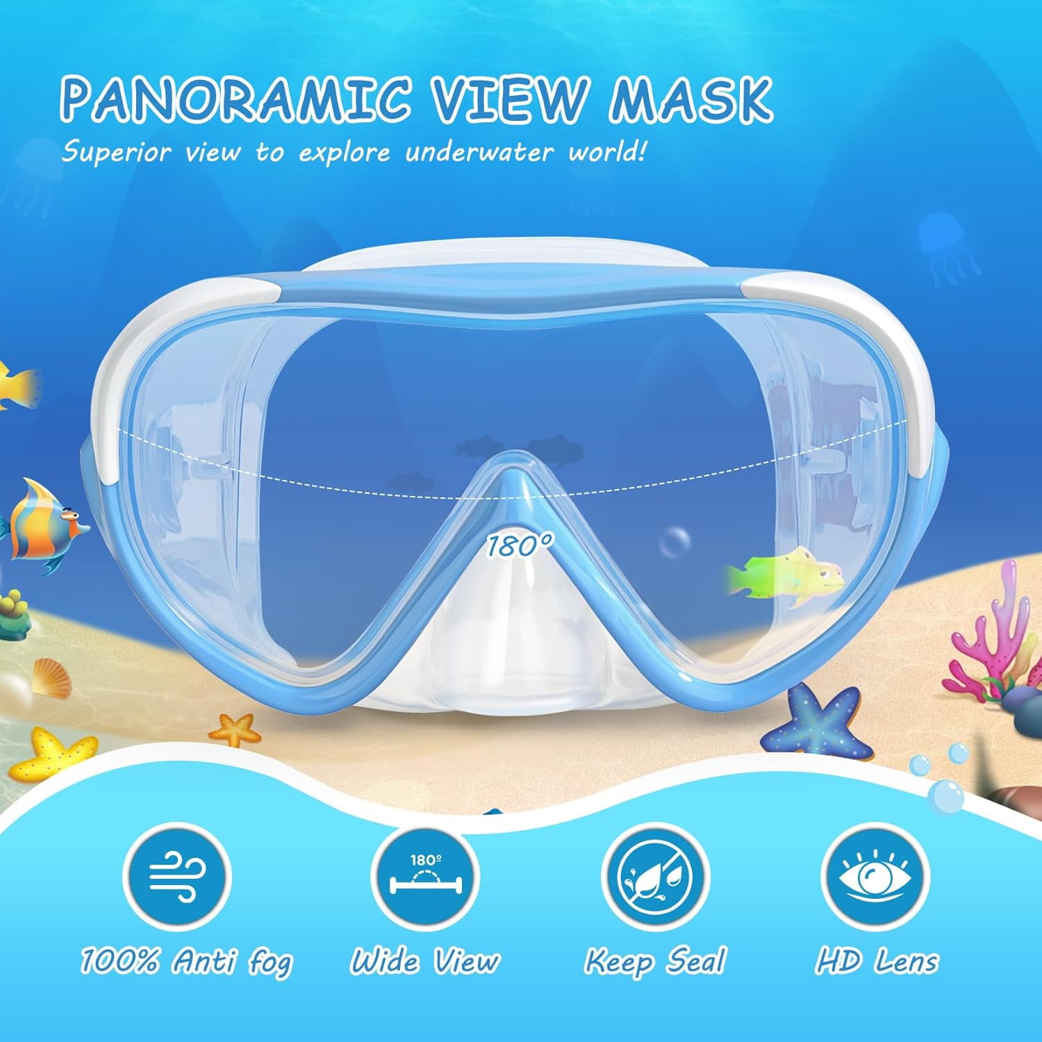 Masque Plongée Enfants 180° Anti-Buée Verre Trempé – Bleu, 4-15 Ans, Protection Nasale