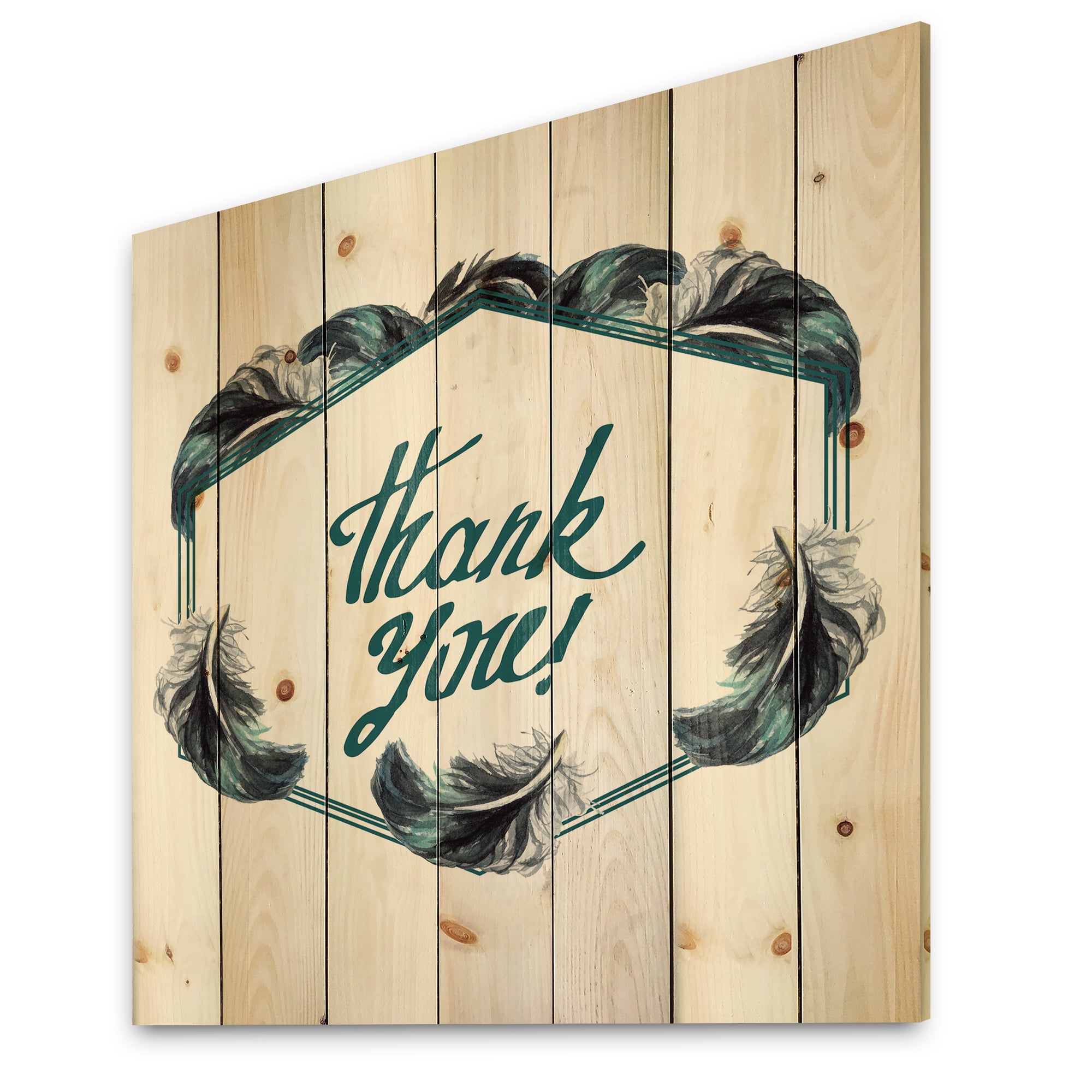 Designart 'Black Boho Art Feathers Thank You' Bohemian & Eclectic Print on Natural Pine Wood