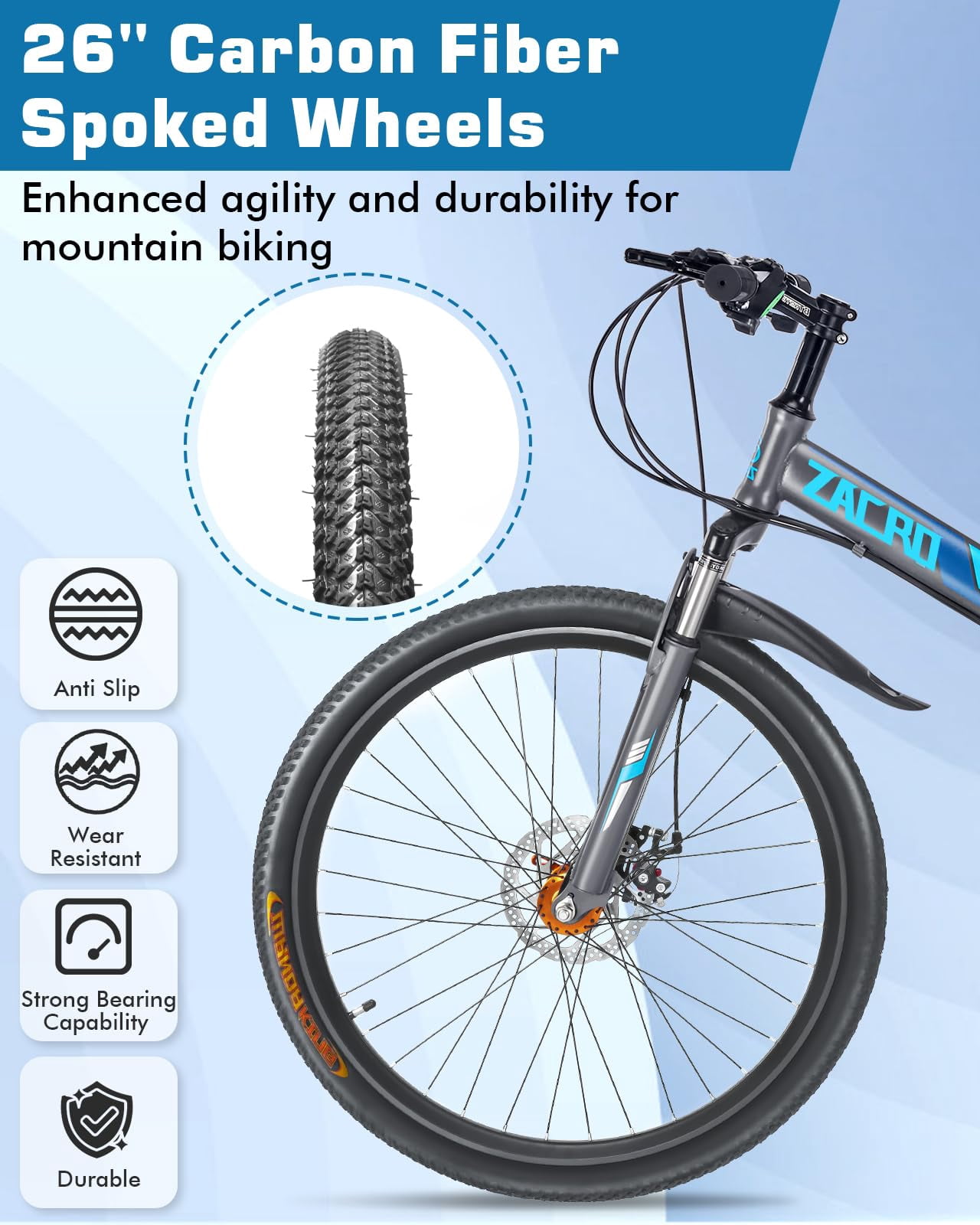 Zacro 26 inch Folding Mountain Bike for Adults, 24 Speed Carbon Fiber Wheels MTB Bicycle, Blue