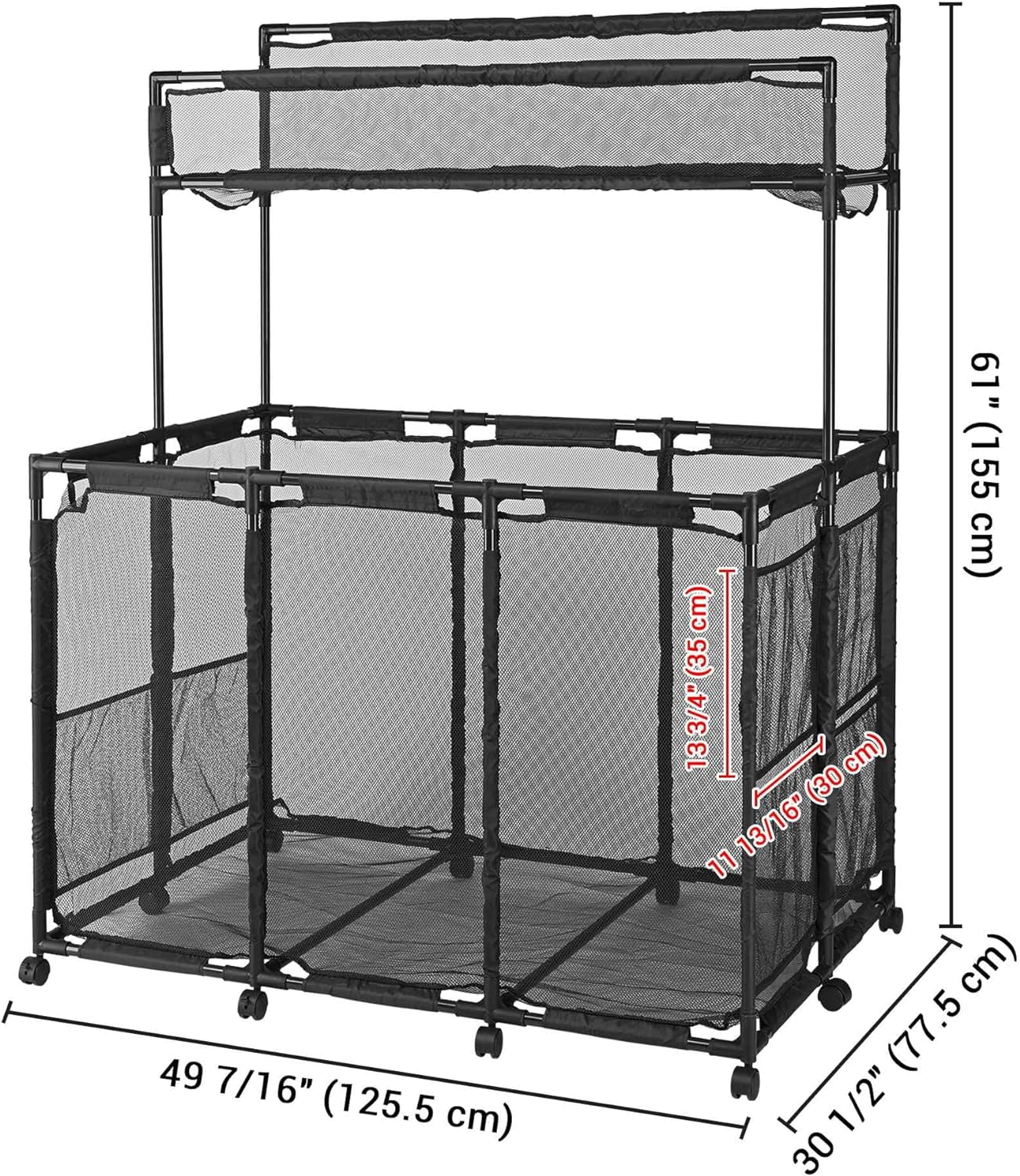 Mesh Pool Storage Organizer Bin Pool Noodles Holder Rolling Cart Double Decker with Metal Frame Noodle Rack, Extended Sturdy Connectors for Stability, XX-Large, 49" L x 30" W x 61" H, Black
