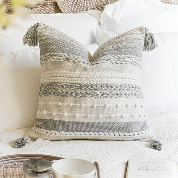 BlissBlush Gray Boho Decorative Throw Pillow Cover 20x20 Square Farmhouse Accent Cushion for Couch Sofa Livingroom Bedroom Pillowcase Modern Home Décor (Pack of 1)