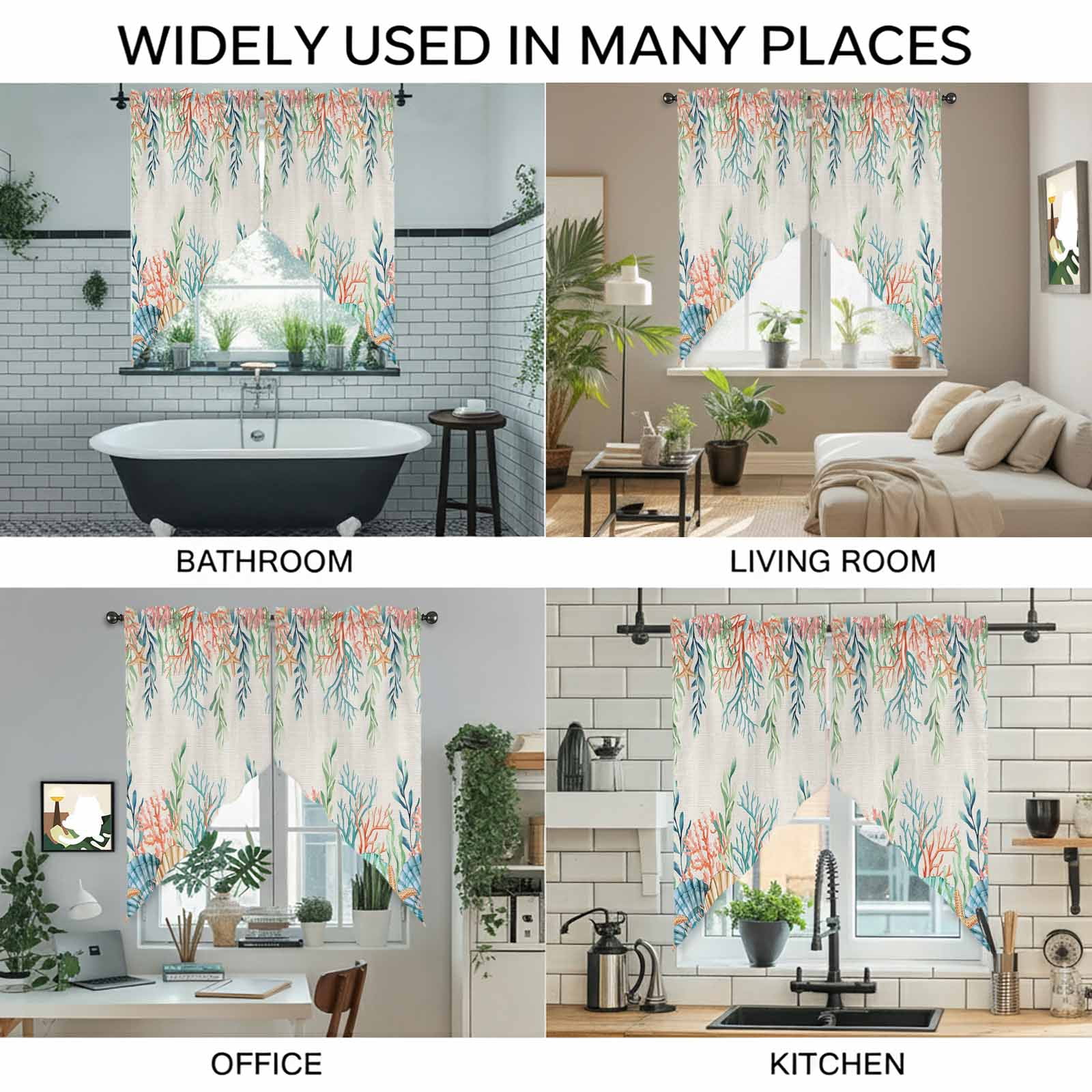 Summer Beach Swag Kitchen Curtain Valances, Ocean Colorful Coral Shell Seaweed Starfish Linen Rod Pocket Curtains Window Treatment Decor Valances for Bedroom Bathroom, 2 Panels 36 x 45 Inch