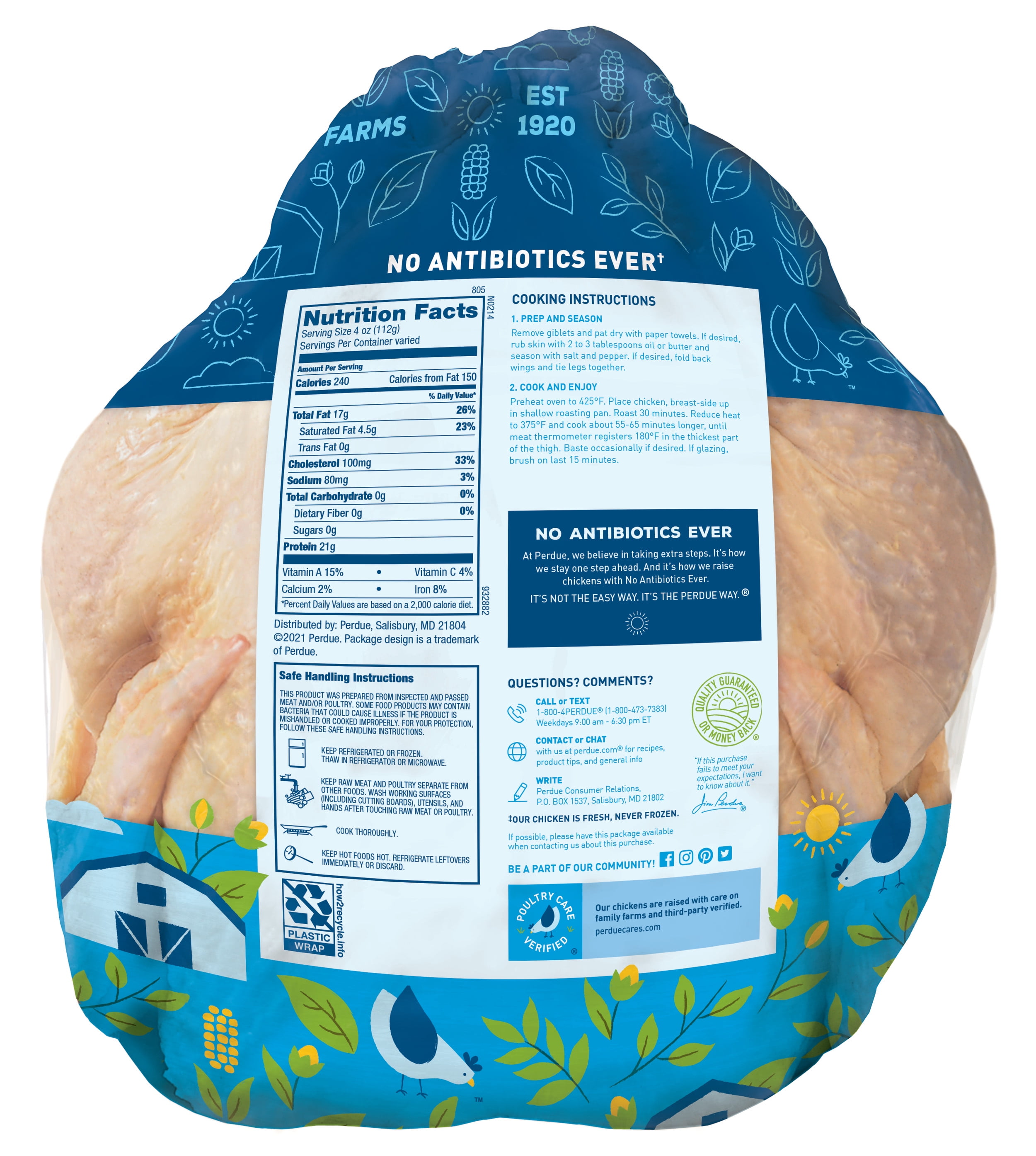 Perdue, No Antibiotics Ever, Fresh Whole Chicken with Giblets, Twin pack, 7.50-14.40 lb. Bag