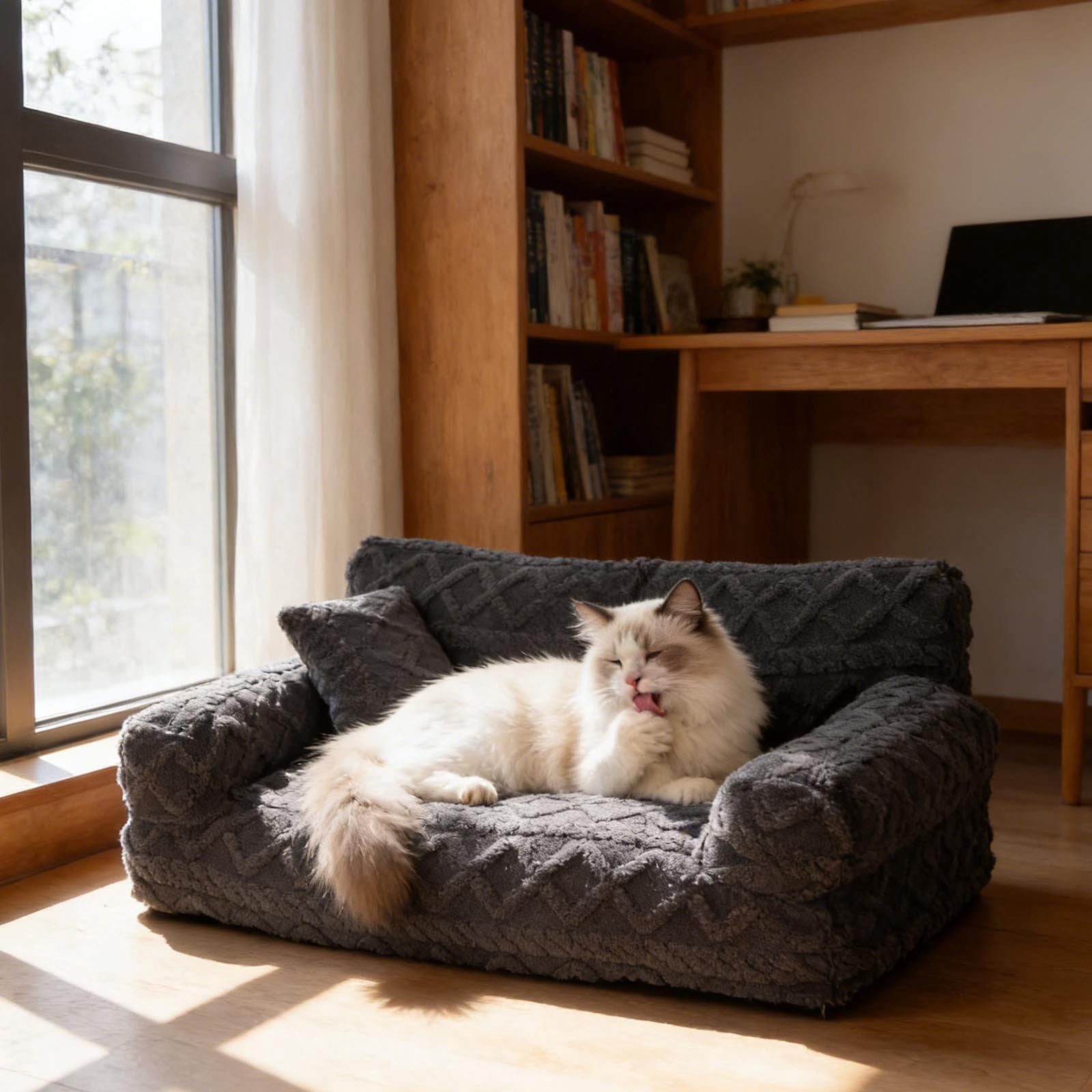 Orthopedic Pet Sofa Bed Removable Washable Plush Cushion Supportive Calming Sleeping Couch for Small Medium Dog Cat Indoor Rest Black - S